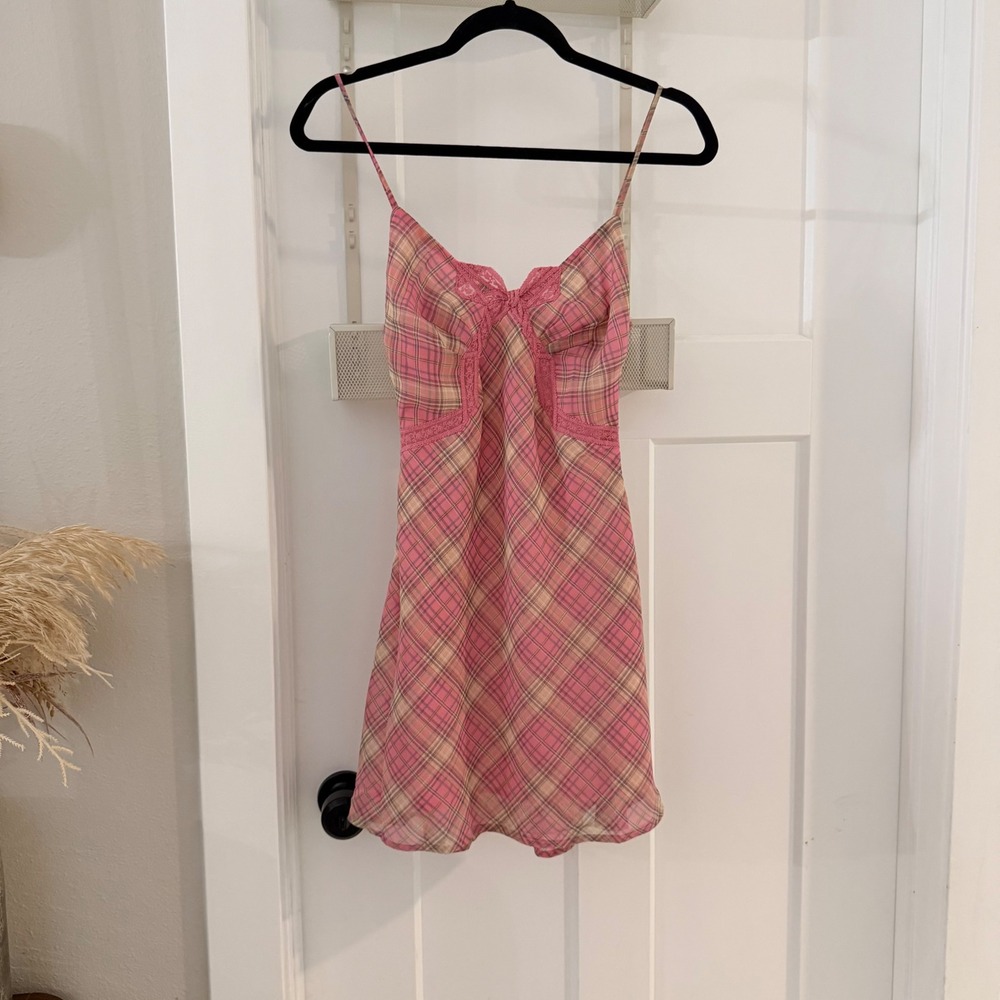 ASTR Kirsten Plaid Lace Bow Trim Mini Dress Pink XS Barbie Coquette Acadamia